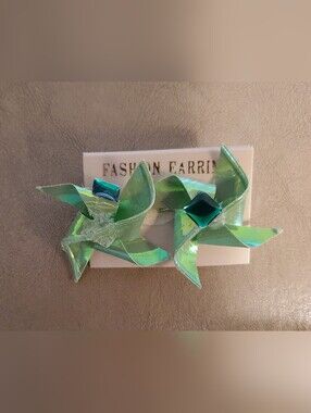 Green Iridescent Pinwheel Statement Earrings -